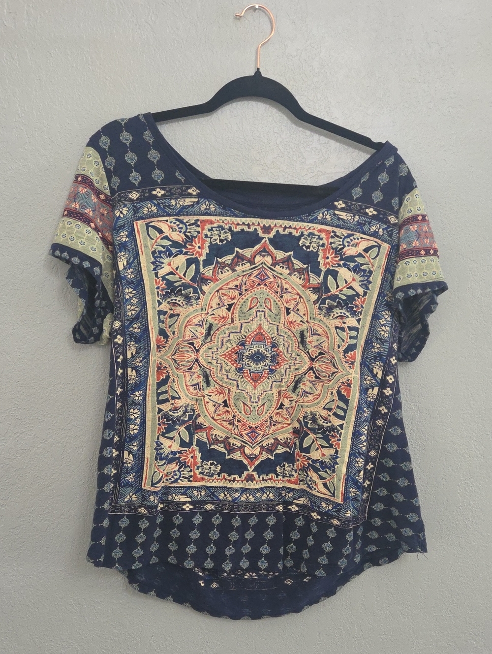 Lucky Brand Navy Multicolor Medallion Short Sleeve Tee